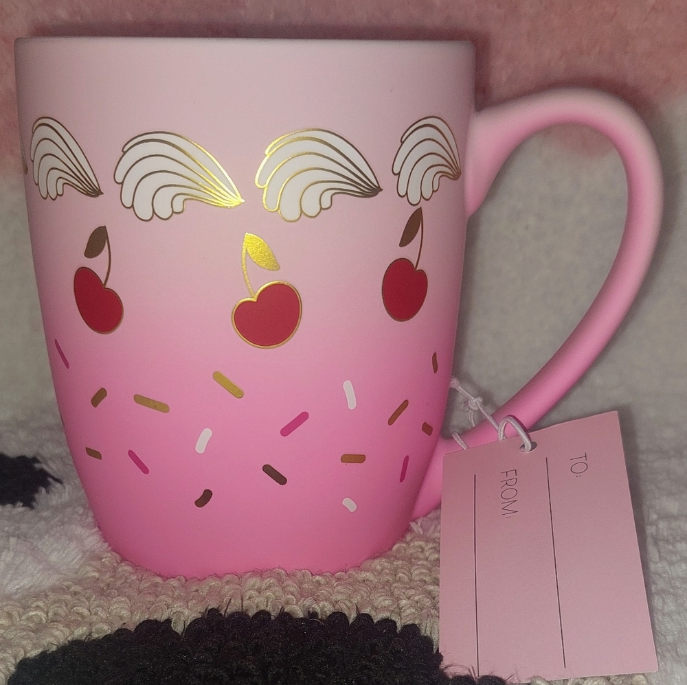 NWT Petal And Pearl Soft Touch Pink Ombre Cherry Coffee Mug Valentines Day